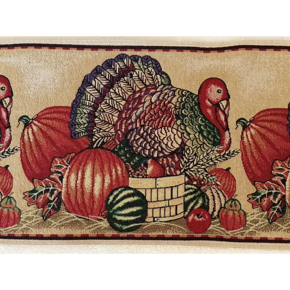 Fall/Harvest/Thanksgiving Woven Tapestry Table Runner 72x13‎ Turkey Pumpkins EUC